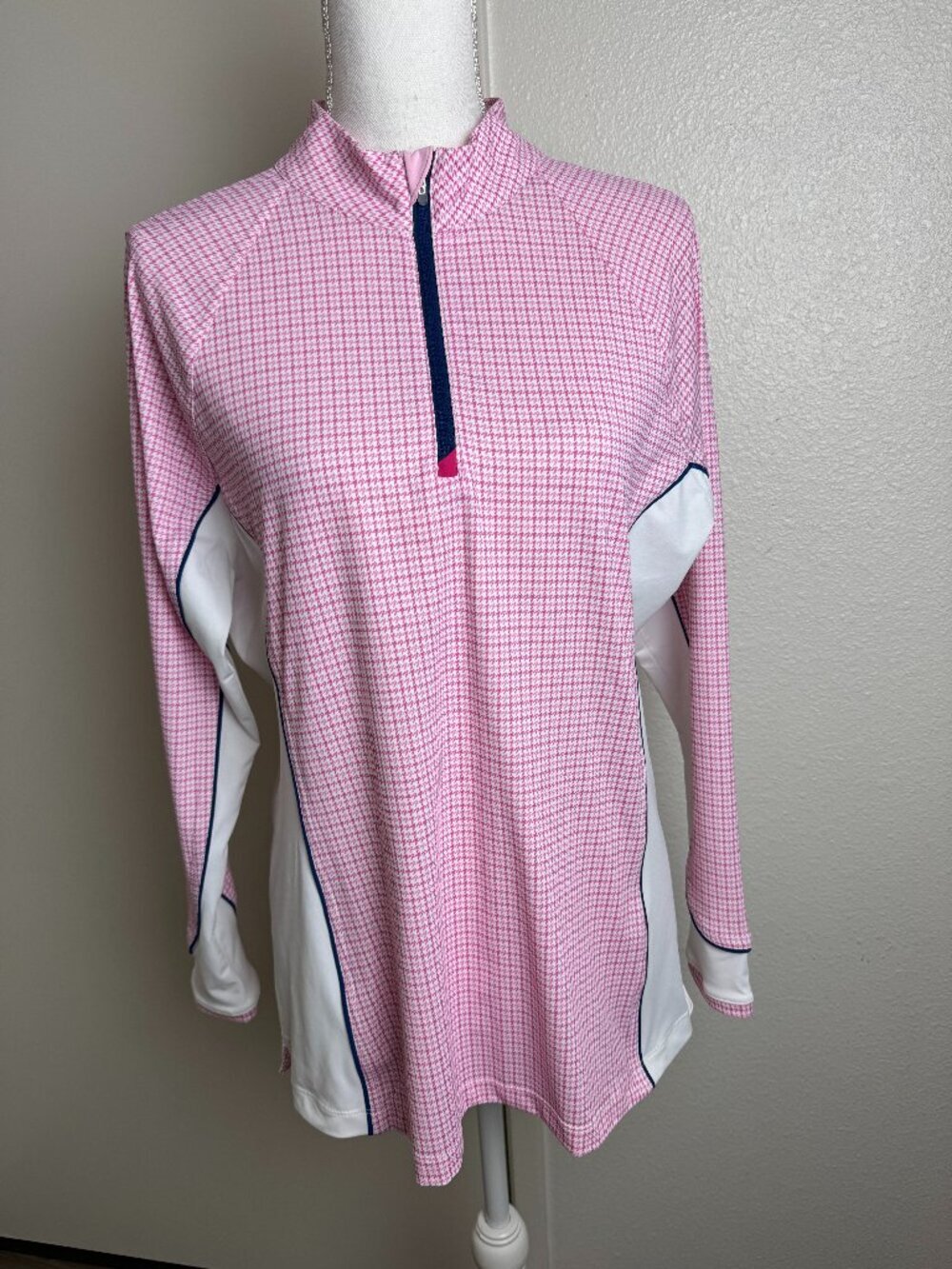 Peter Millar Top Polo Golf Long Sleeve 1/4 Zip Shirt Pink White Size L
